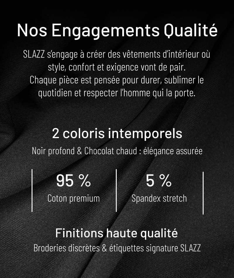 Bannière SLAZZ présentant les engagements qualité pour ses pyjamas : coton premium, deux coloris intemporels et finitions haute qualité