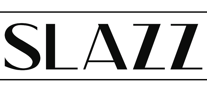 Bannière avec répétition du logo SLAZZ en noir sur fond blanc, style épuré et élégant
