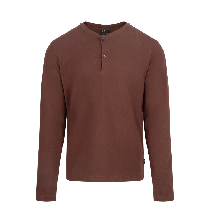 Haut marron à manches longues SLAZZ avec col tunisien boutonné, vu de face sur fond blanc