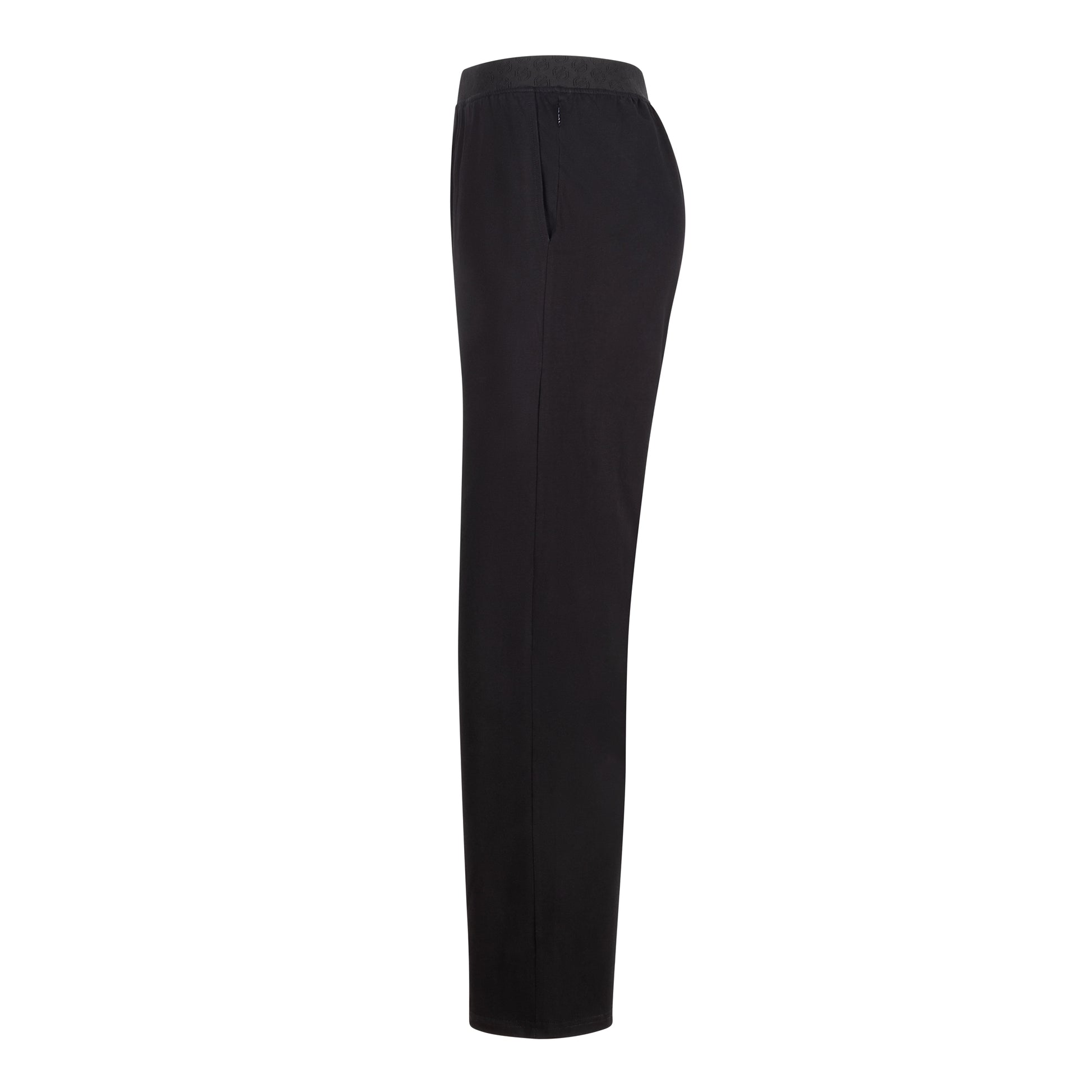 Pantalon de pyjama noir SLAZZ pour homme, vue de côté montrant la jambe longue et la poche latérale.