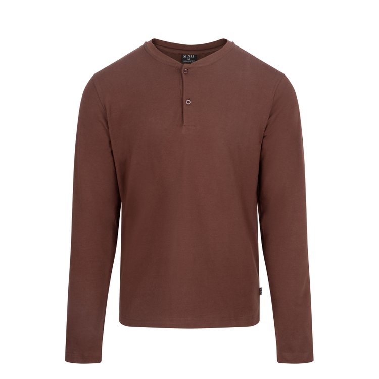 Haut marron à manches longues SLAZZ avec col tunisien boutonné, vu de face sur fond blanc