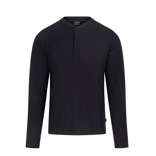 Haut de pyjama noir SLAZZ à manches longues et col tunisien boutonné, vue de face sur fond blanc